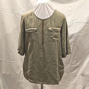Ellen Tracy Linen Top Blouse Shirt Tunic Olive Green Womens Size L